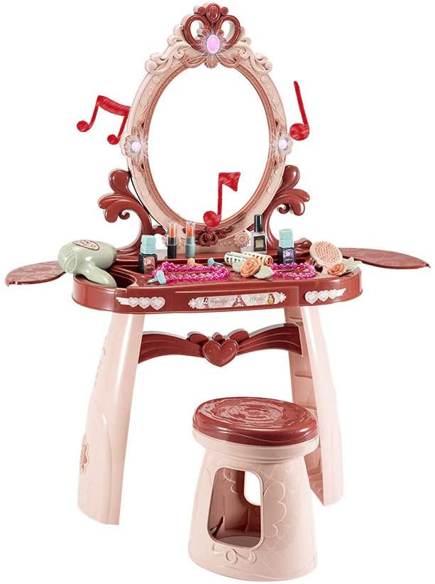 Pretend Play Dressing Table Set For Girls 19 Pieces Beauty Princess Makeup Kit With Stool