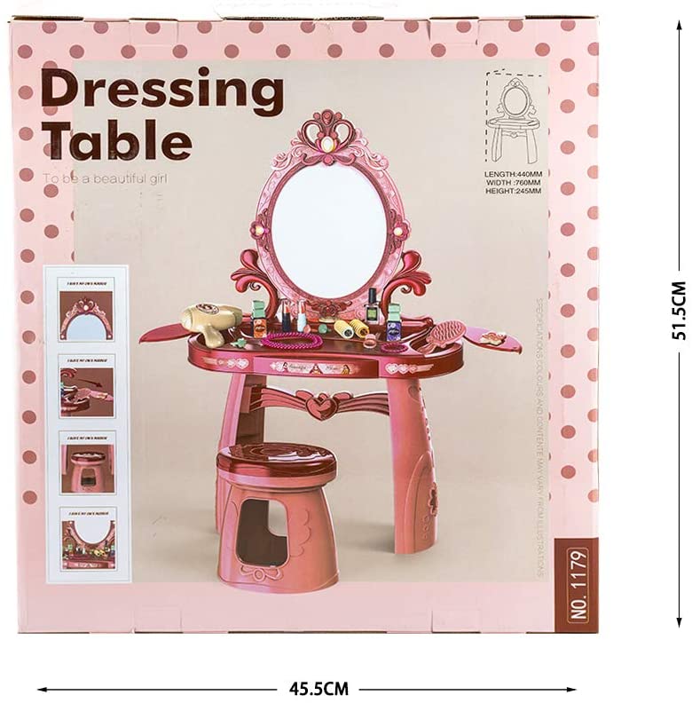 Pretend Play Dressing Table Set For Girls 19 Pieces Beauty Princess Makeup Kit With Stool