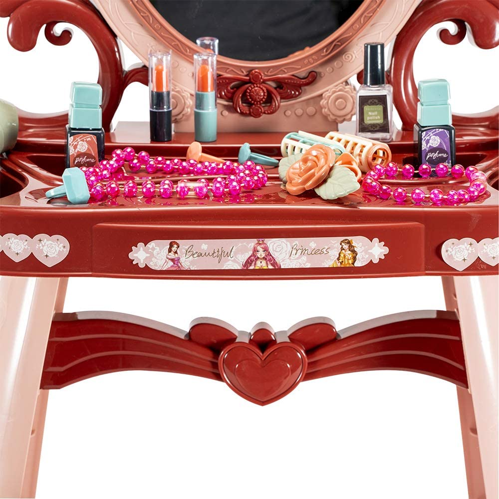 Pretend Play Dressing Table Set For Girls 19 Pieces Beauty Princess Makeup Kit With Stool