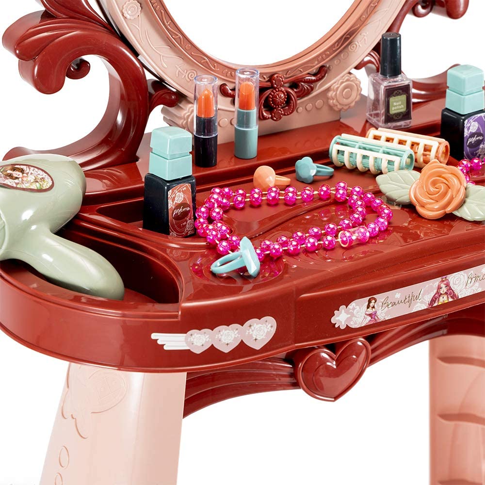 Pretend Play Dressing Table Set For Girls 19 Pieces Beauty Princess Makeup Kit With Stool